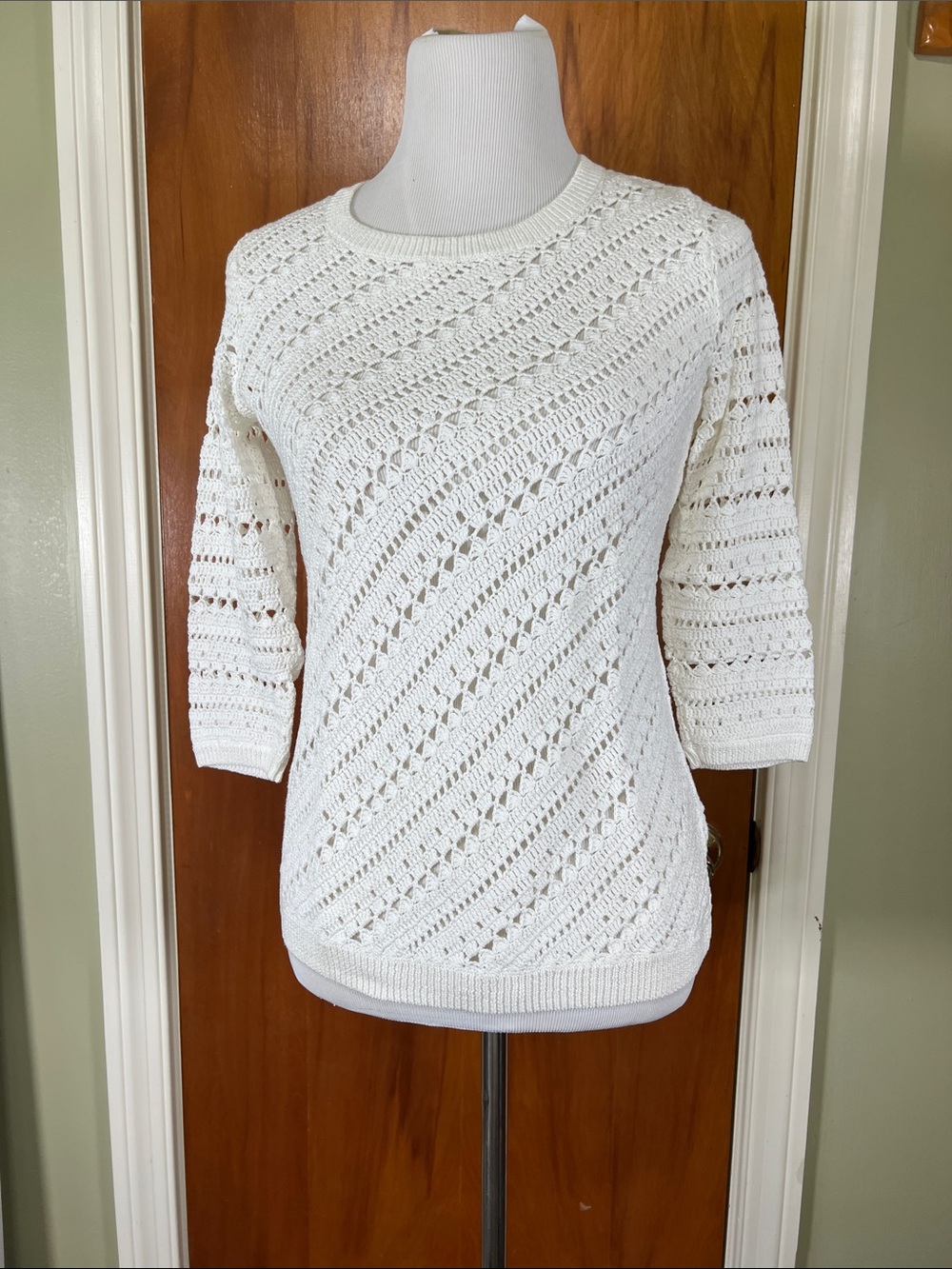 Talbots White Open-Stitch Crewneck Sweater